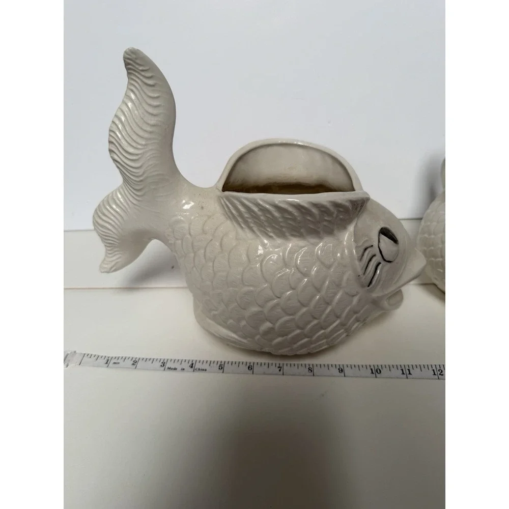 Vintage Ceramic White Fish Planter Pair Graduated Sizes MCM Koi Anthropomorphic - Picture 9 of 12